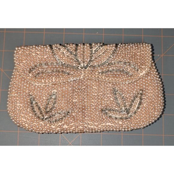 Vintage Pearl Beaded Clutch Floral Design made in Japan 4x7 Inches - Picture 8 of 11